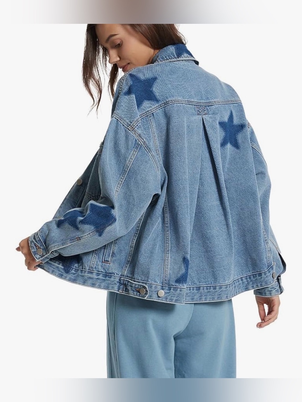 Star Print Light Wash Denim Hoodie Jacket (chose ur size and color print) 🌼